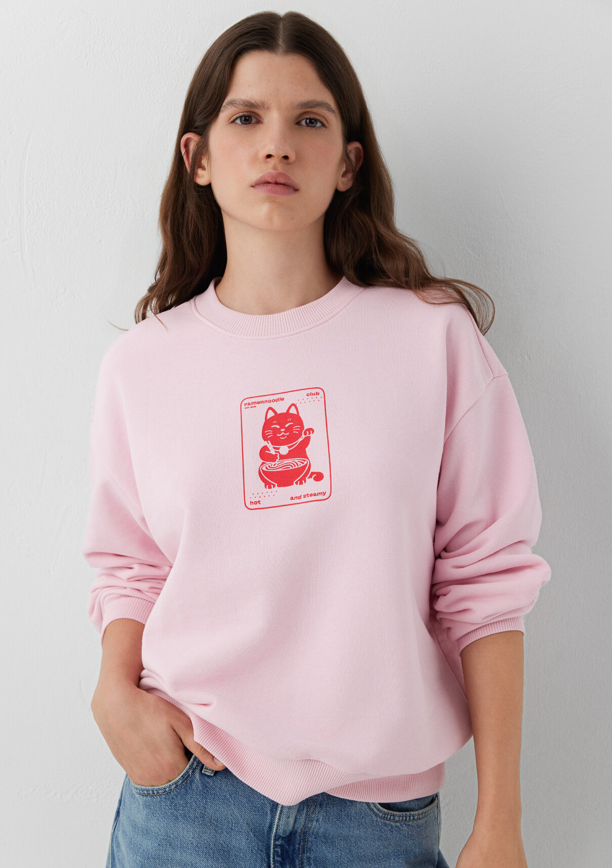 Mavi Kedi Baskılı Pembe Sweatshirt