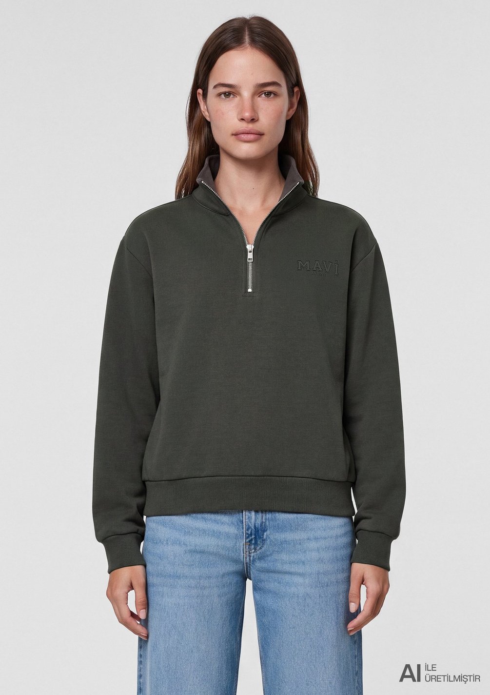 ★ Ayu* – M Kadın Mavi Logo Yarı Fermuarlı Haki Sweatshirt