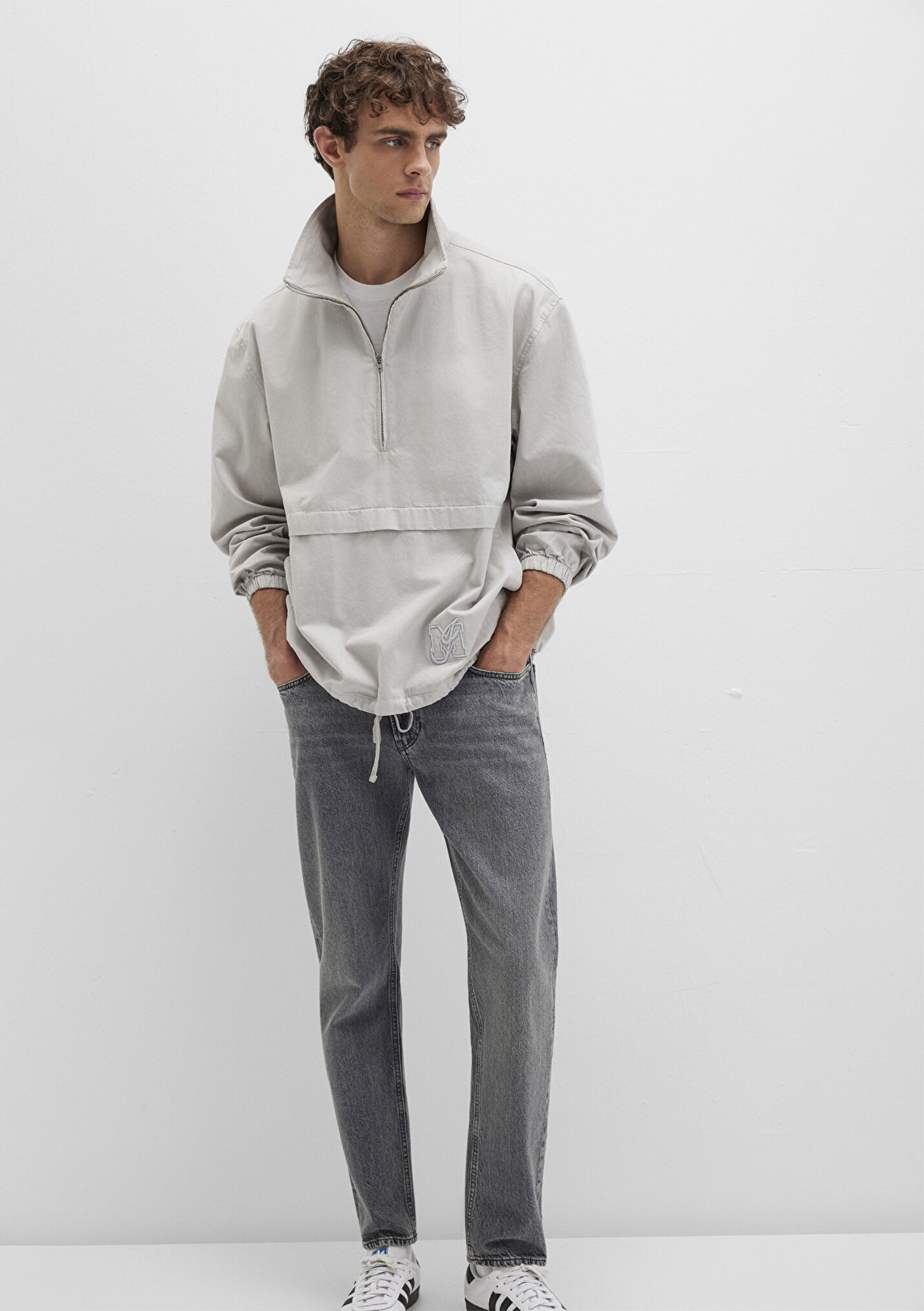 Erkek Yarı Fermuarlı Kanguru Cepli Gri Sweatshirt