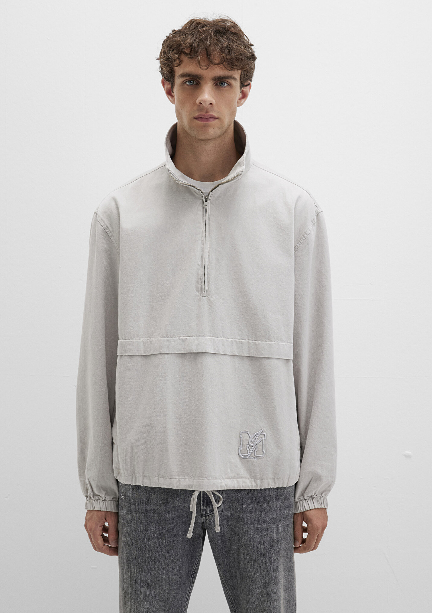 Erkek Yarı Fermuarlı Kanguru Cepli Gri Sweatshirt