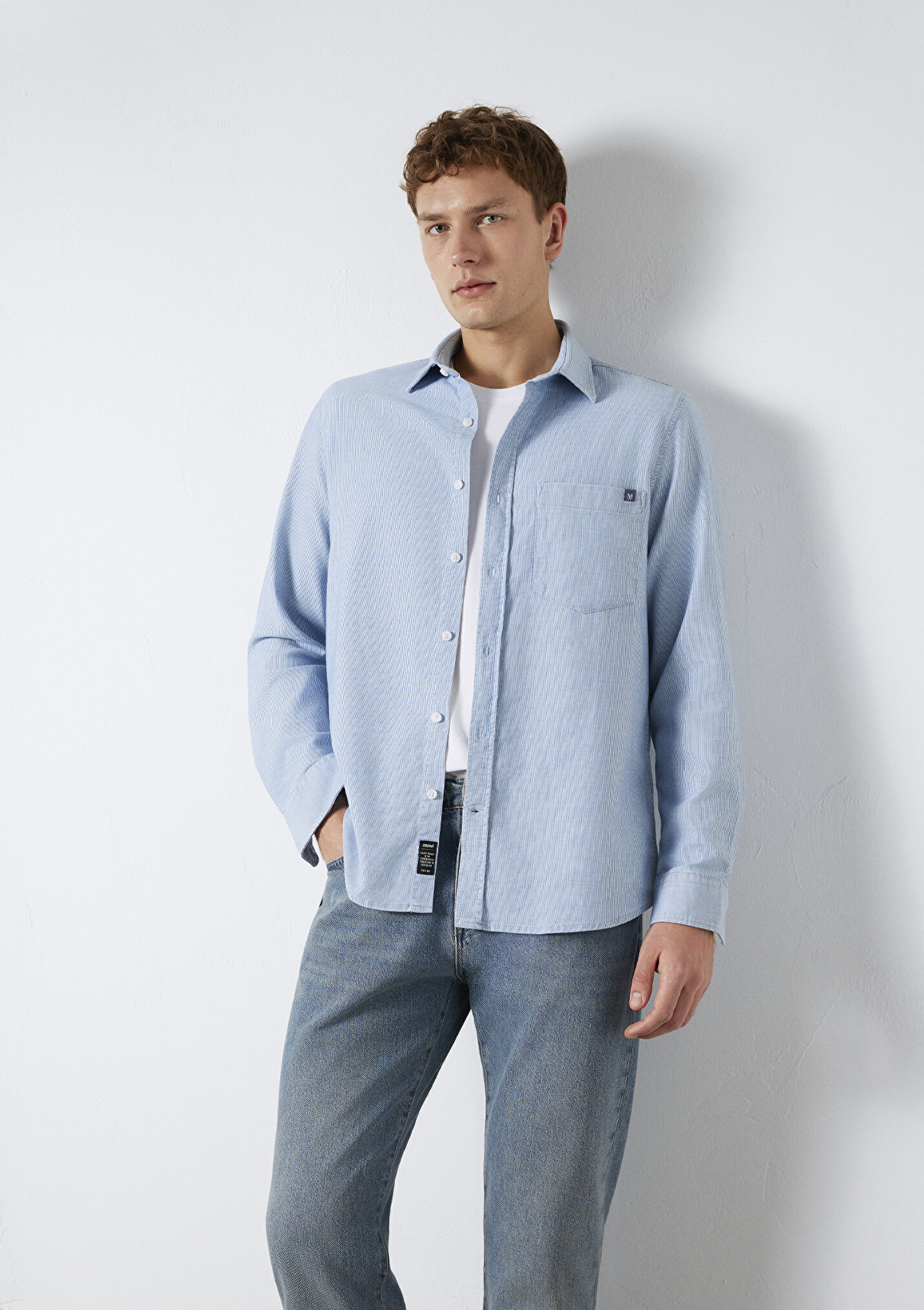 Erkek Çizgili Cepli Mavi Gömlek