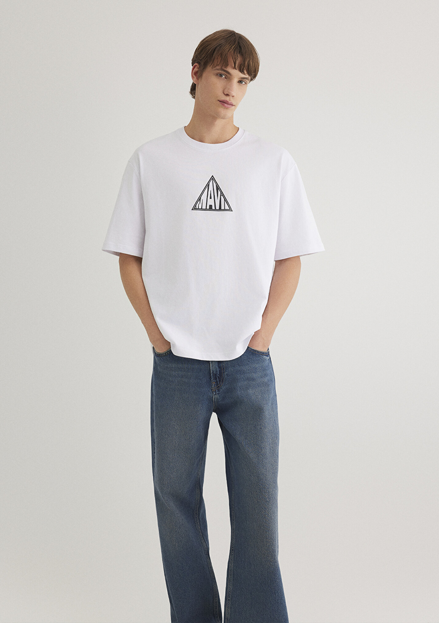 Outlet Erkek Mavi Baskılı Beyaz Tişört