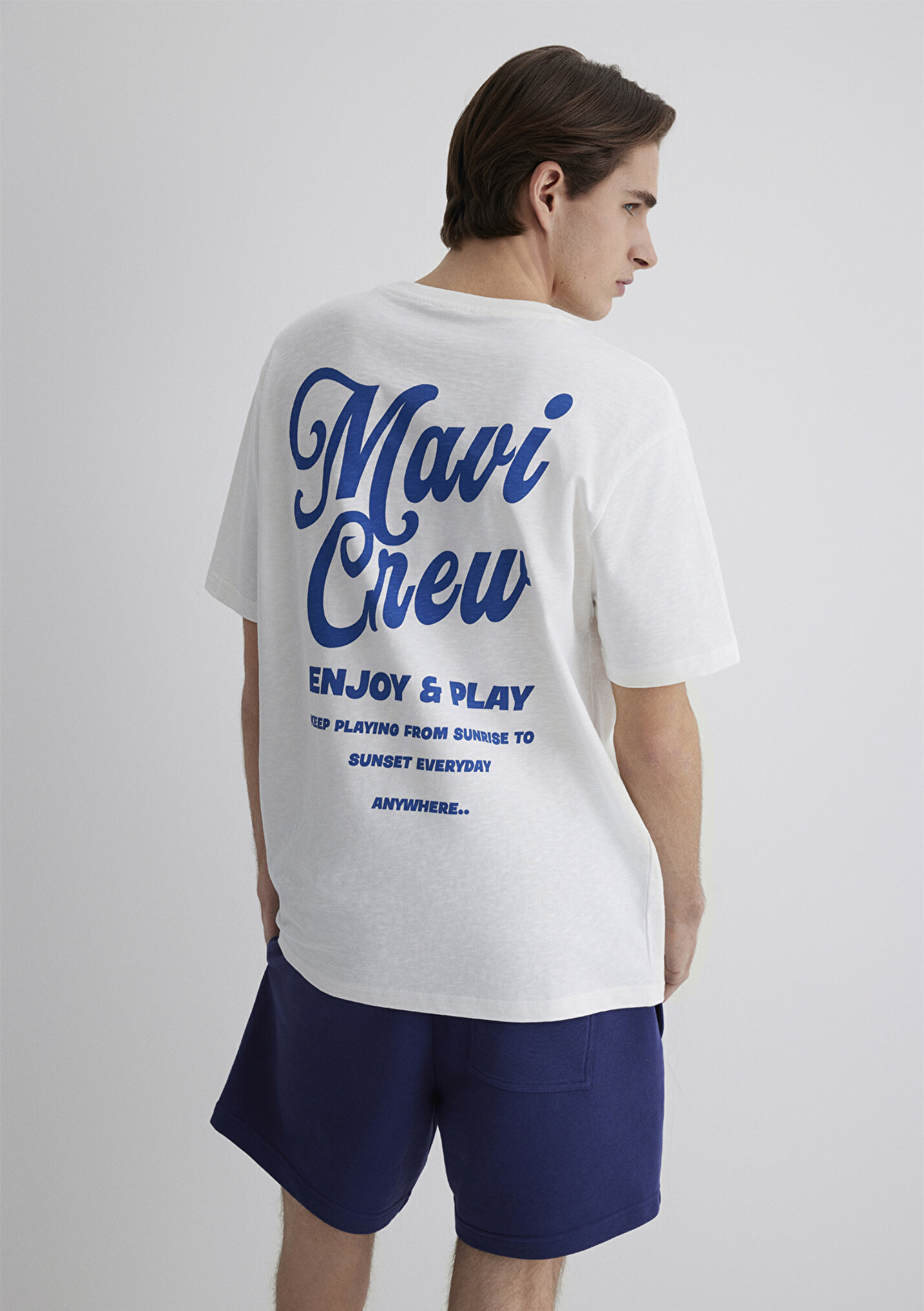 Outlet Erkek Mavi Crew Baskılı Ekru Tişört