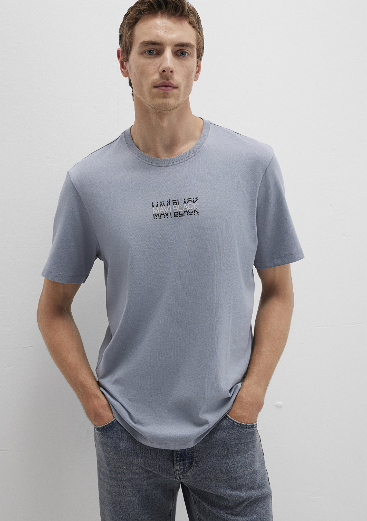 Erkek Mavi Black Baskılı Mavi Tişört