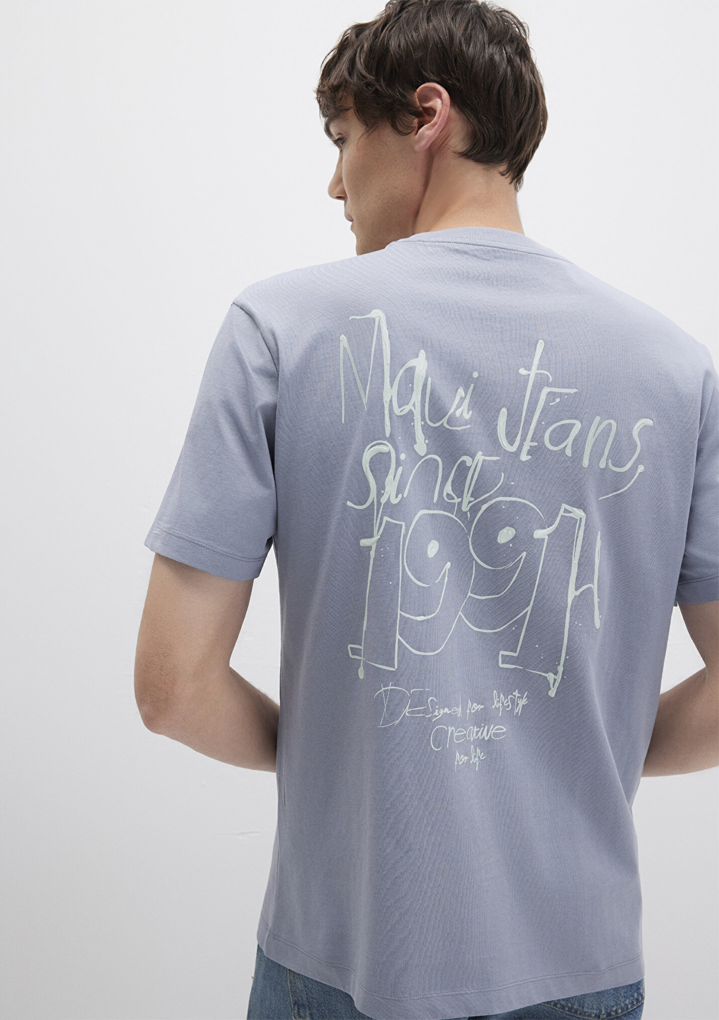 Erkek 1991 Baskılı Mavi Tişört