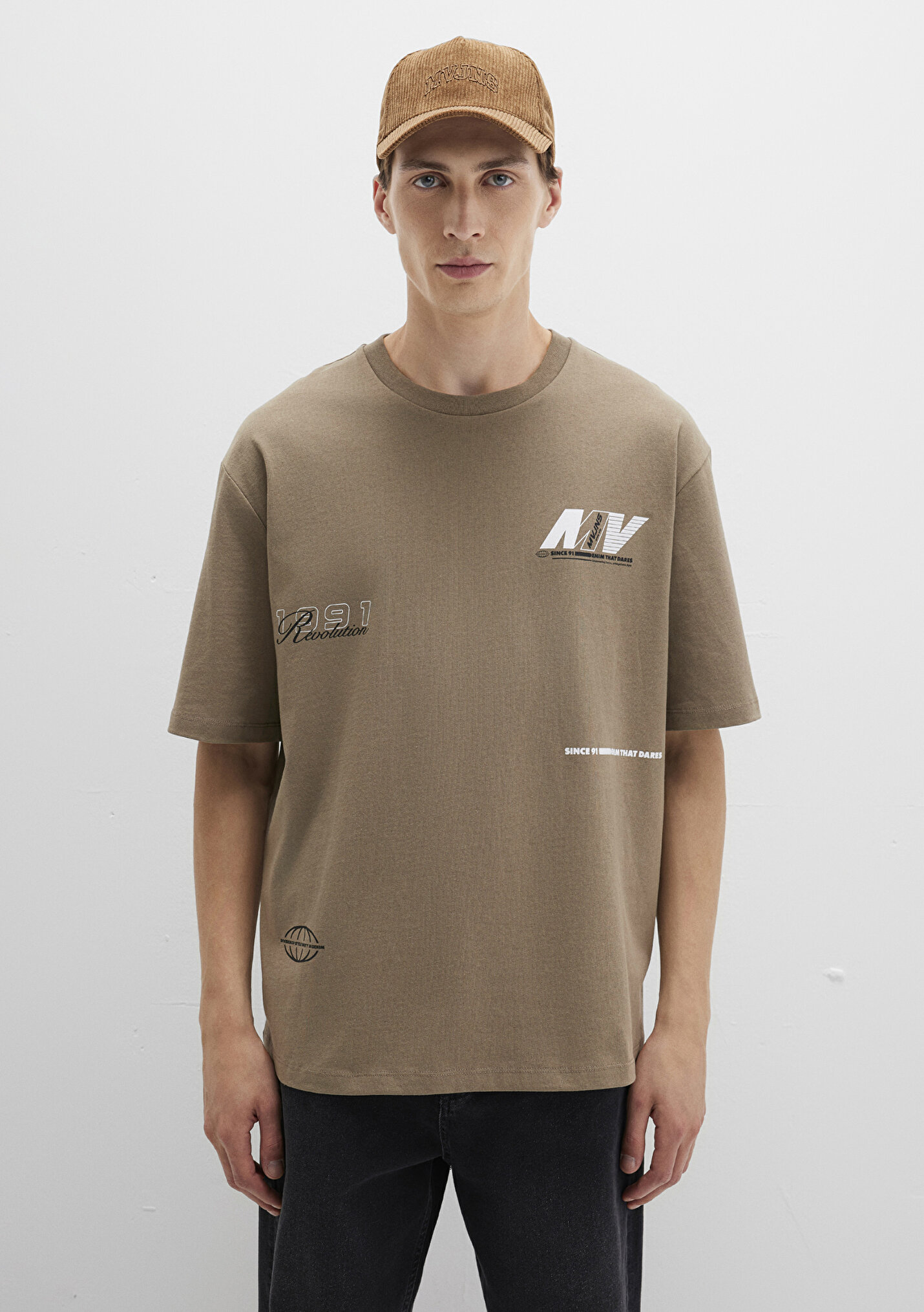 Erkek Baskılı Haki Tişört