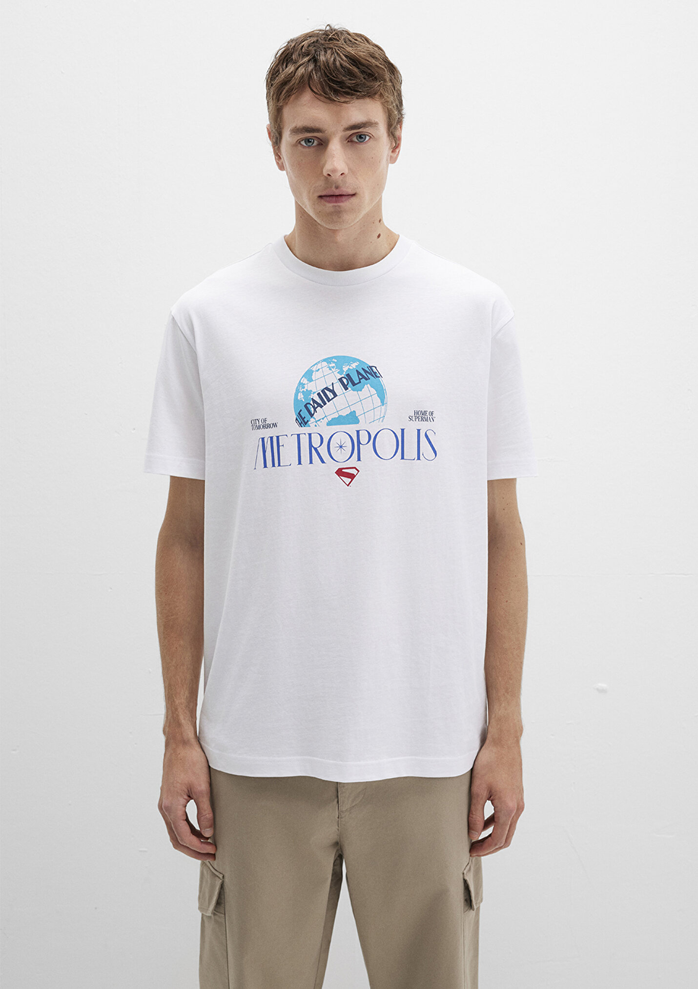 Erkek Superman Baskılı Beyaz Tişört