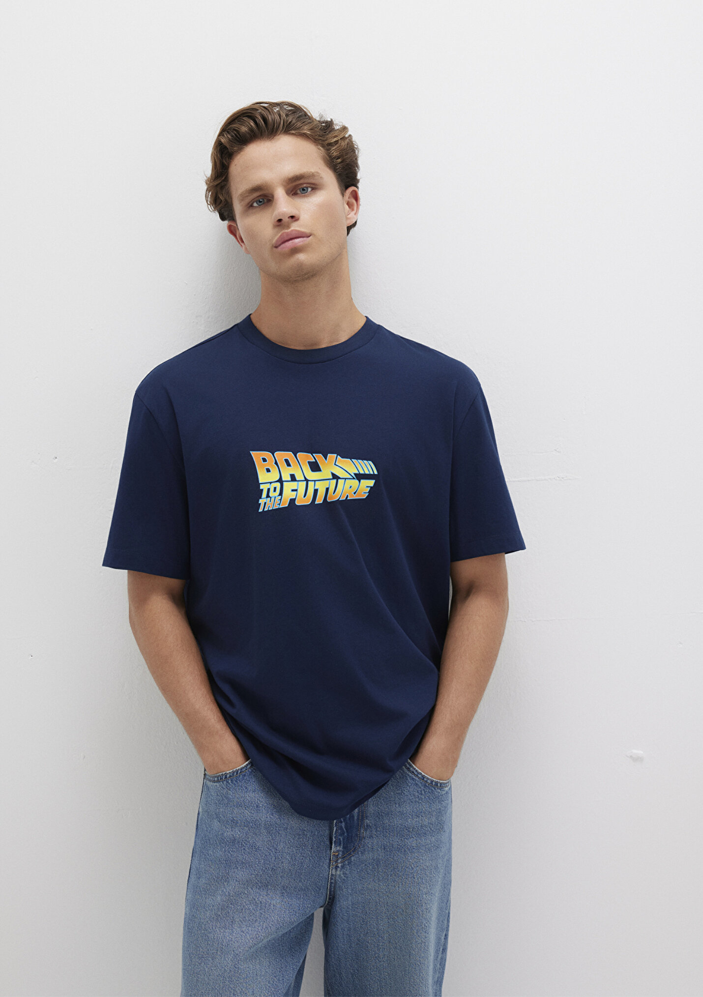 Erkek Back To The Future Baskılı Lacivert Tişört