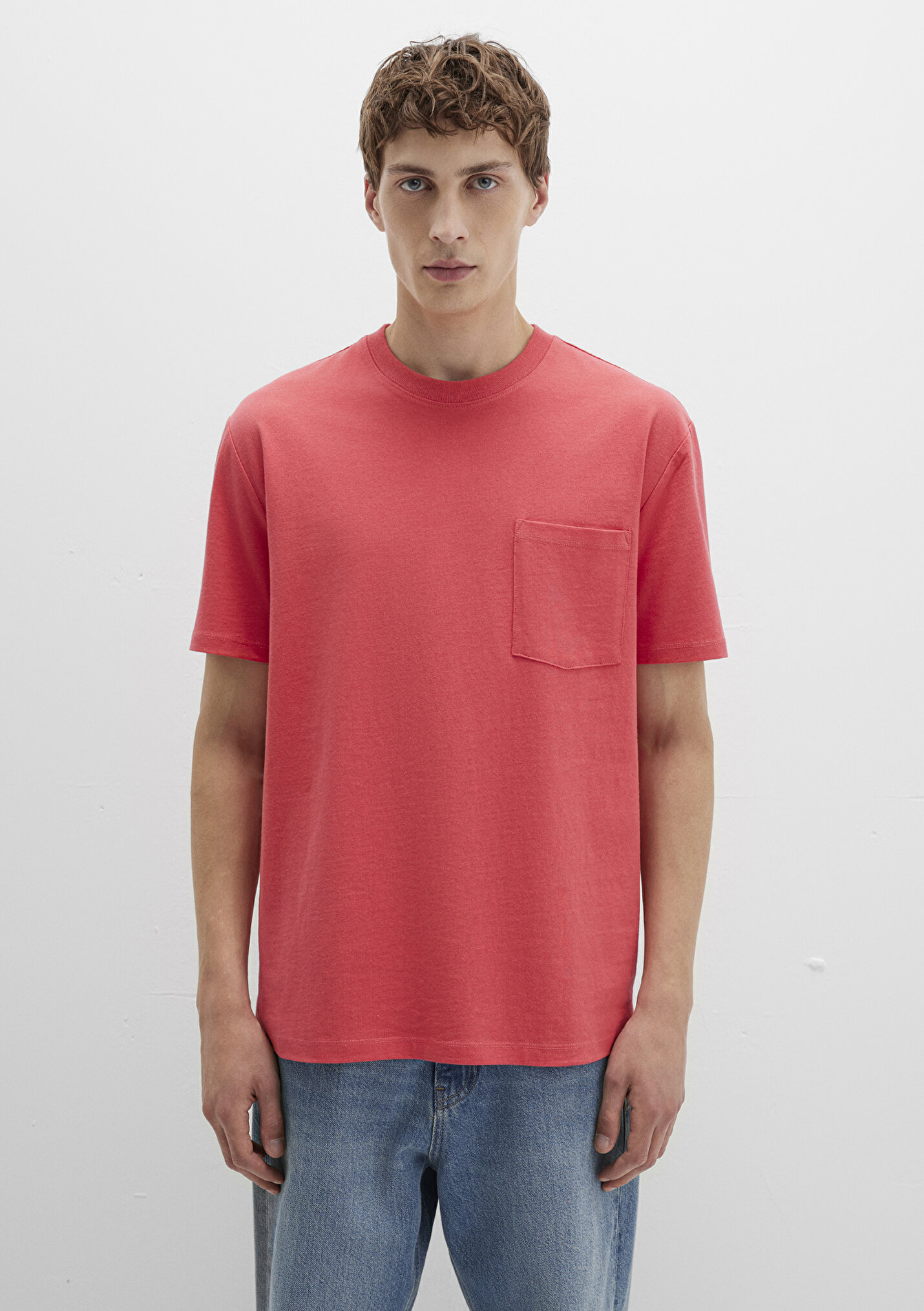 Erkek Cep Detaylı Pembe Basic Tişört