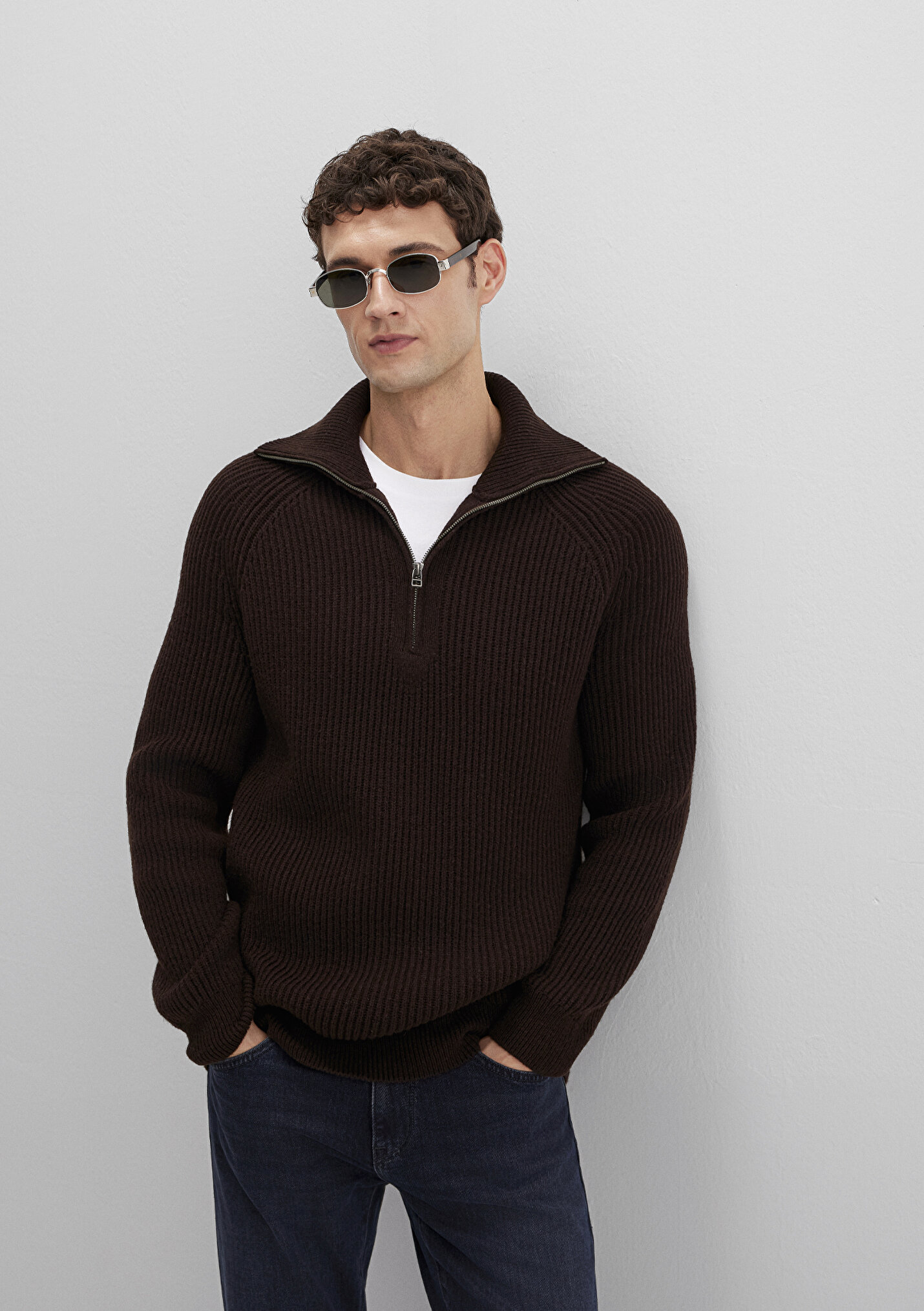 Erkek Yün Karışımlı Yarı Fermuarlı Dik Yaka Kahverengi Kazak