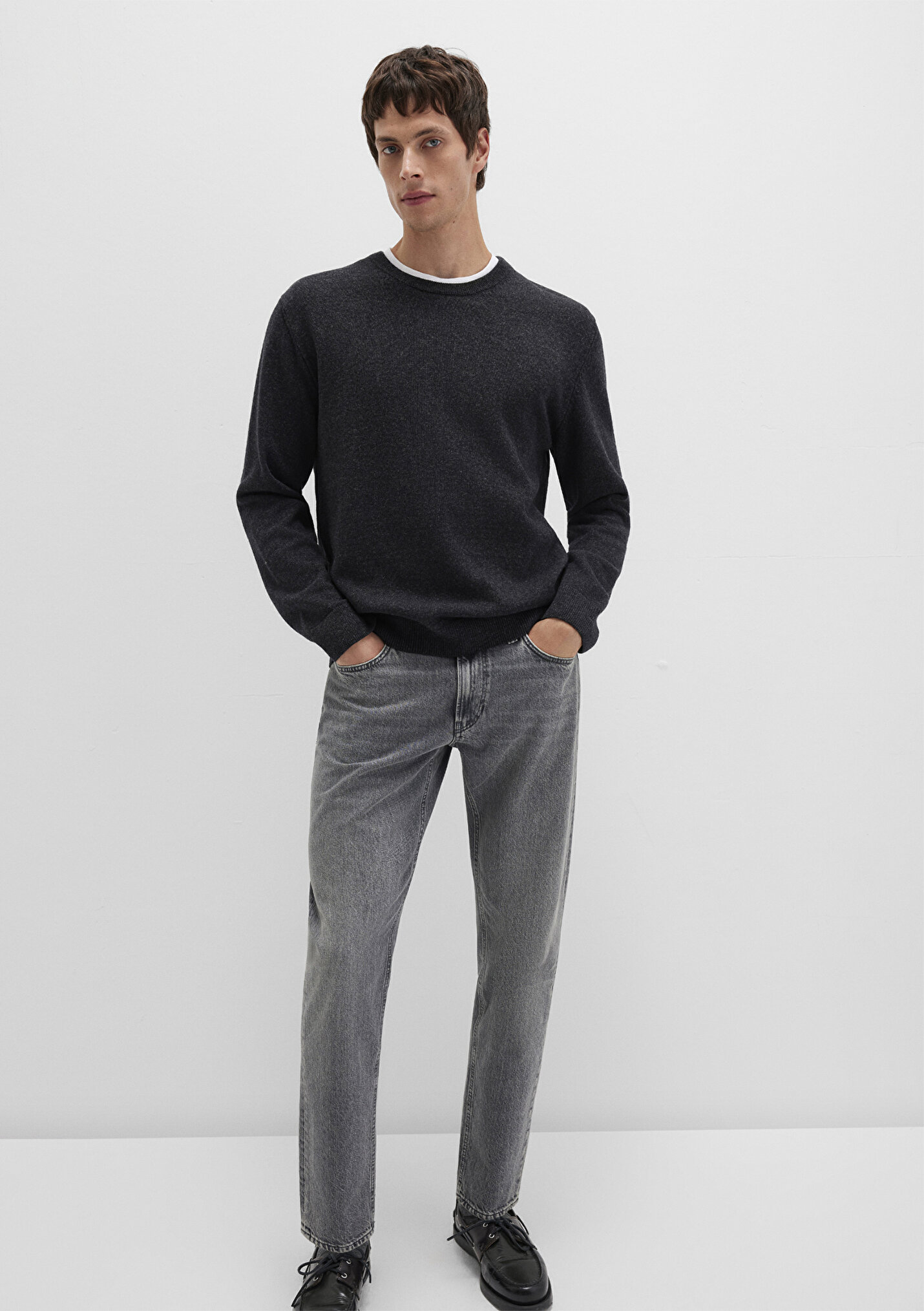 Erkek Yün Karışımlı Antrasit Kazak