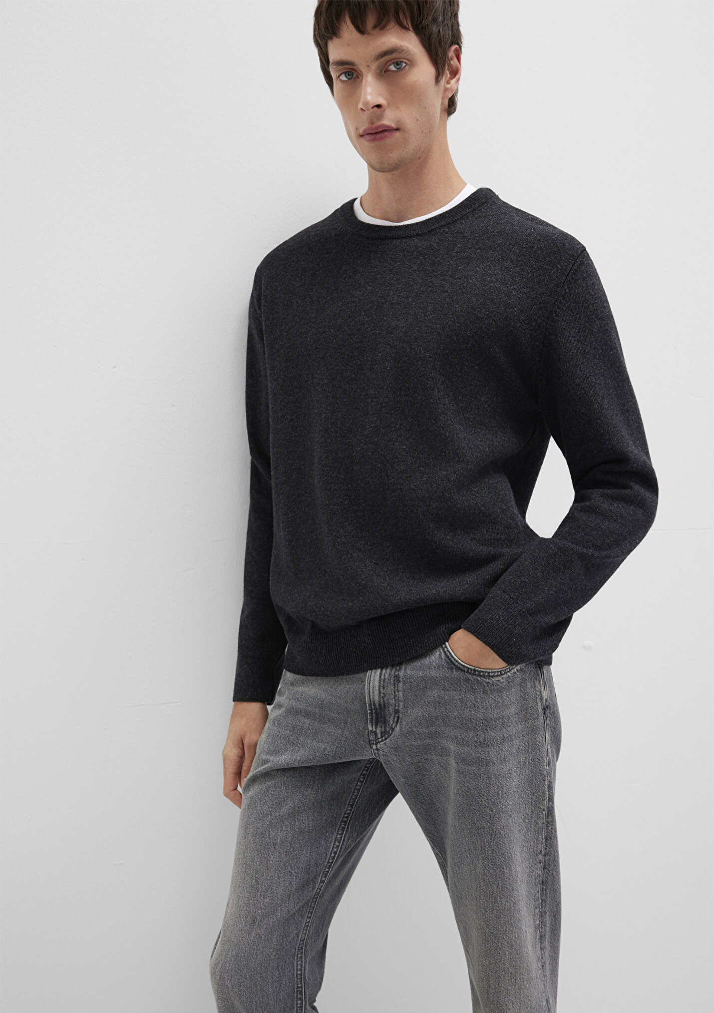 Erkek Yün Karışımlı Antrasit Kazak