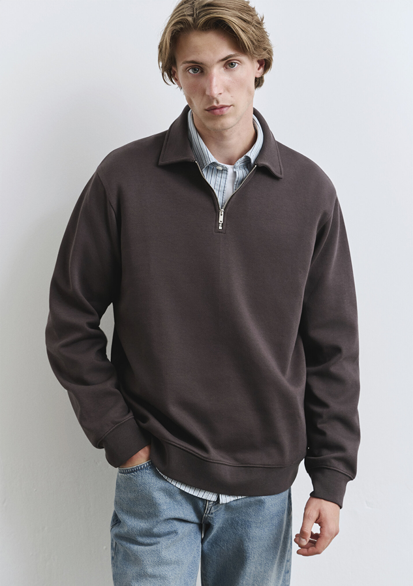 Outlet Erkek Polo Yaka Yarı Fermuarlı Kahverengi Sweatshirt