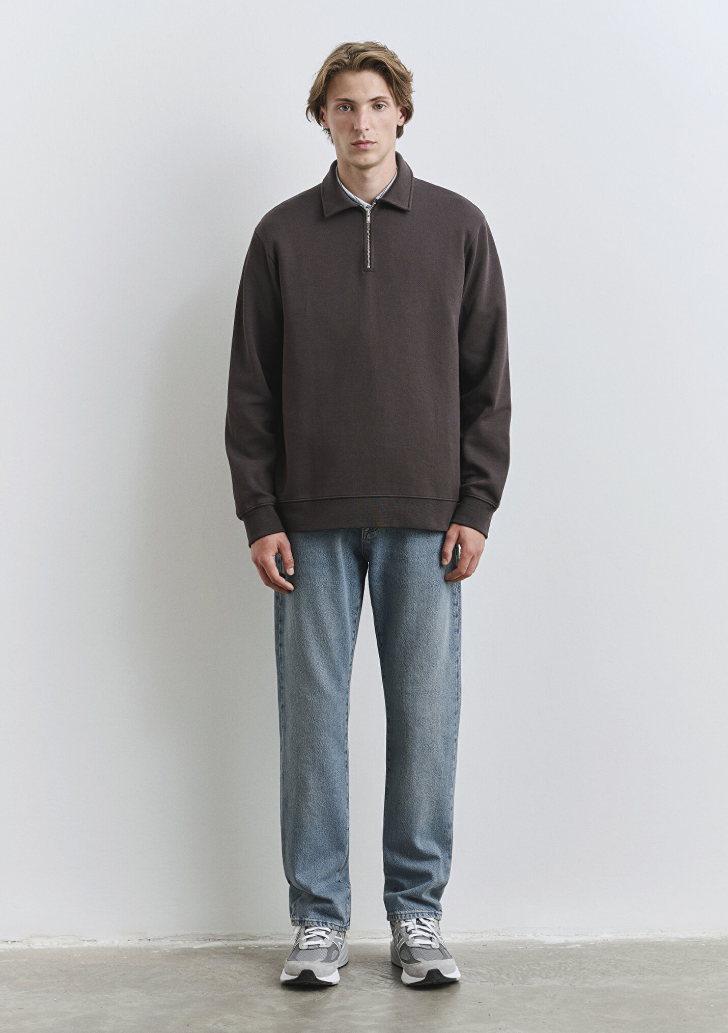 Outlet Erkek Polo Yaka Yarı Fermuarlı Kahverengi Sweatshirt