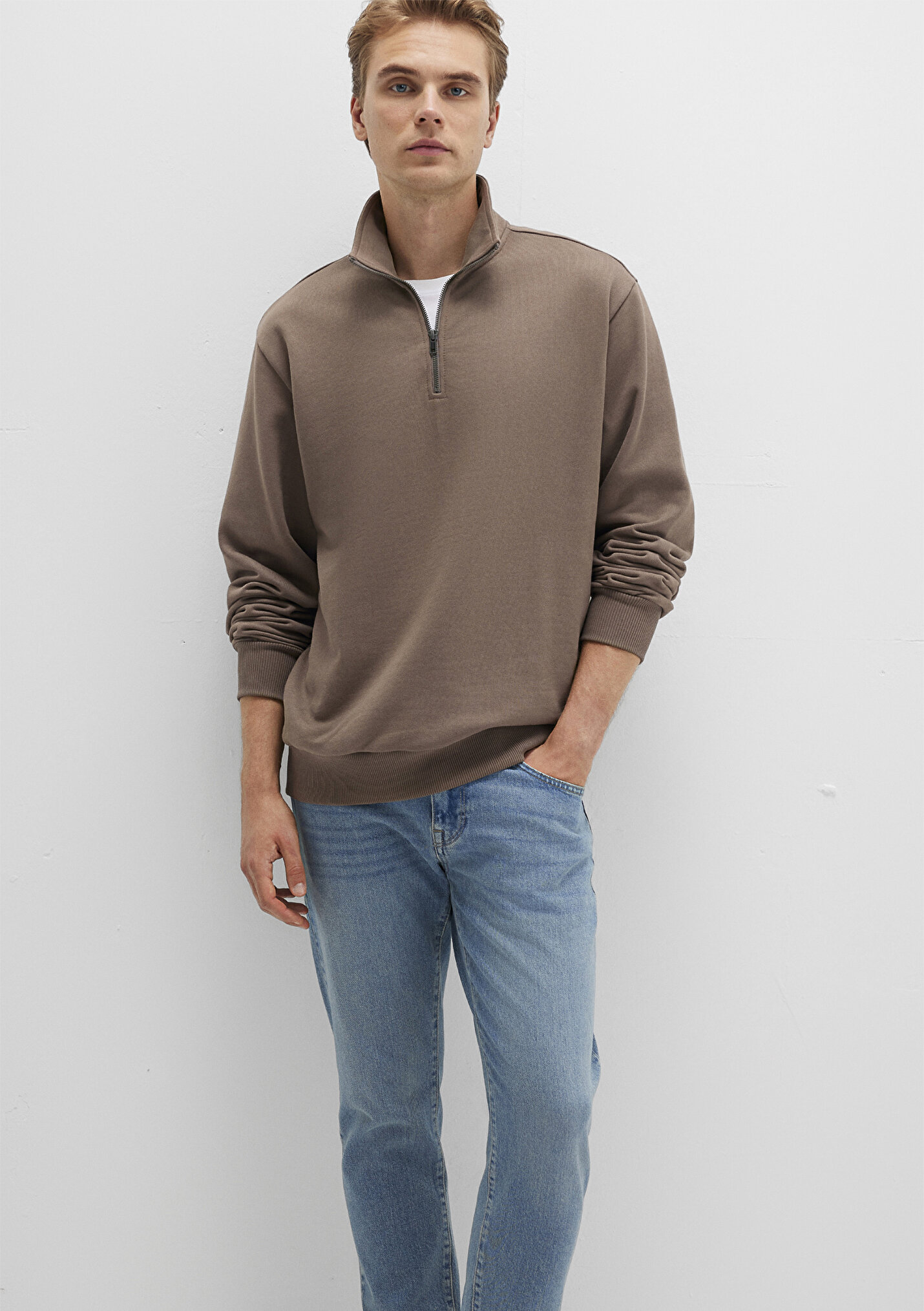 Erkek Yarı Fermuarlı Kahverengi Basic Sweatshirt