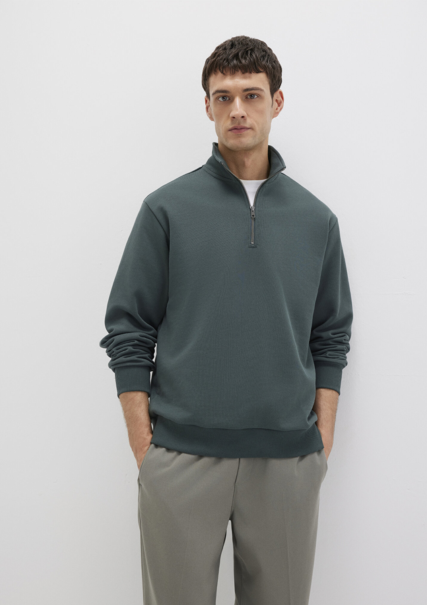 Outlet Erkek Yarı Fermuarlı Yeşil Basic Sweatshirt
