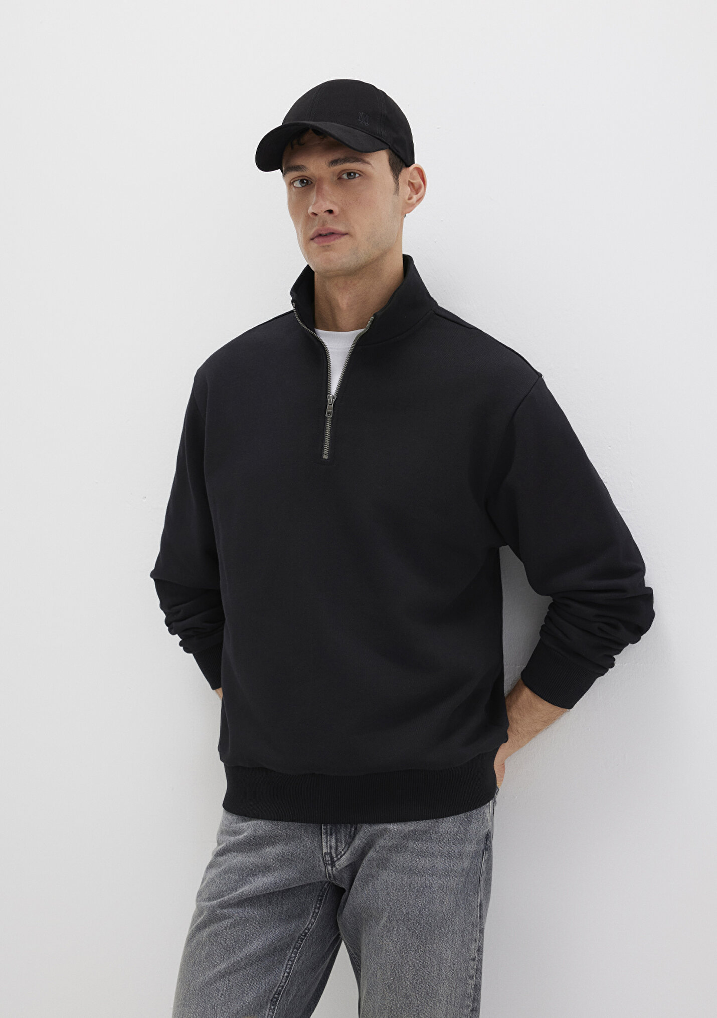 Erkek Yarı Fermuarlı Siyah Basic Sweatshirt