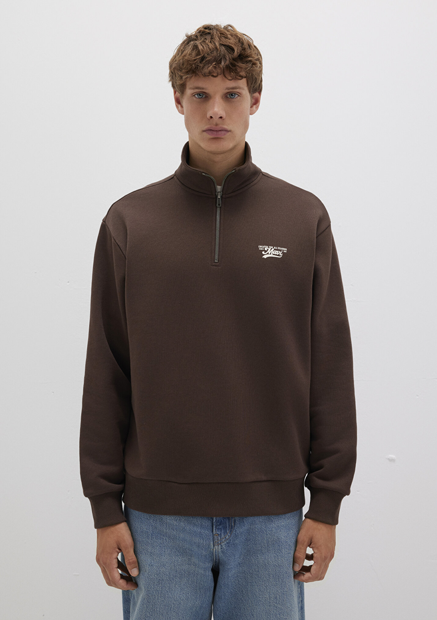 Erkek Mavi Logo Yarı Fermuarlı Kahverengi Sweatshirt