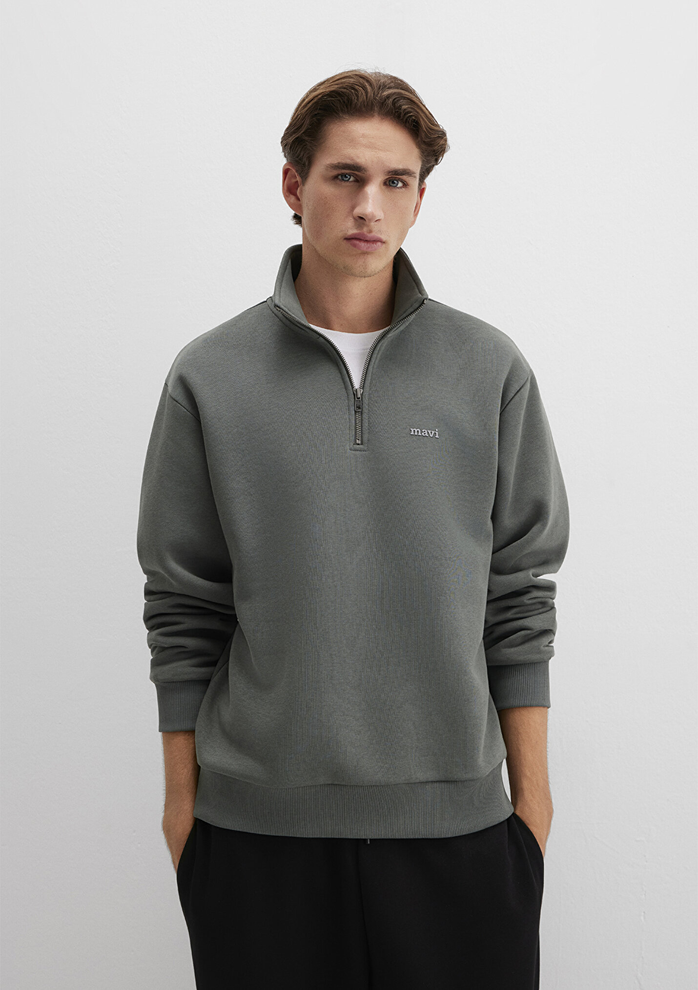 Erkek Yarı Fermuarlı Mavi Logo Baskılı Yeşil Sweatshirt