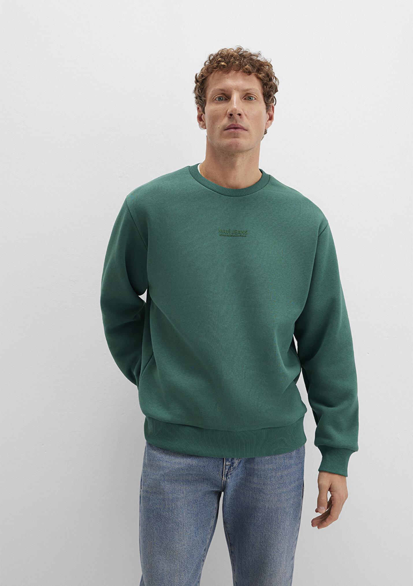 Outlet Erkek Mavi Jeans Detaylı Yeşil Sweatshirt