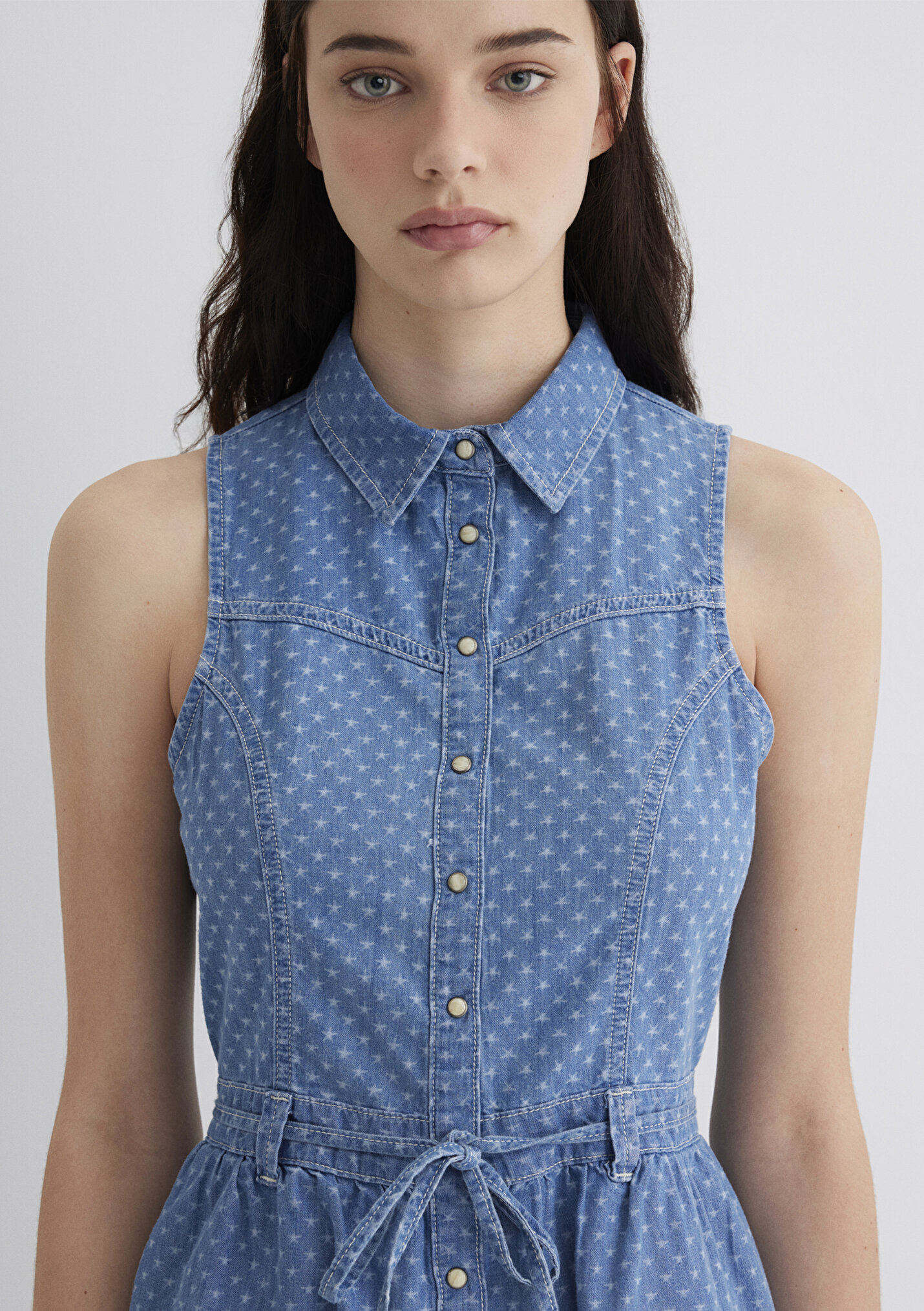 Outlet Kadın Raven Akdeniz Yıldız Baskılı Indigo Mavisi Jean Elbise