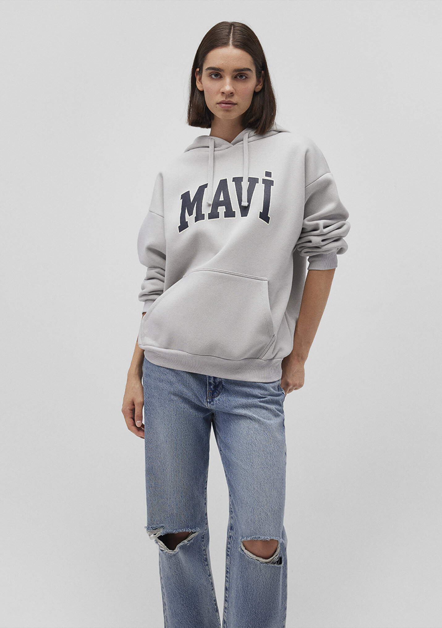 Mavi Rouse Kadın Mavi Logo Baskılı Kapüşonlu Gri Sweatshirt