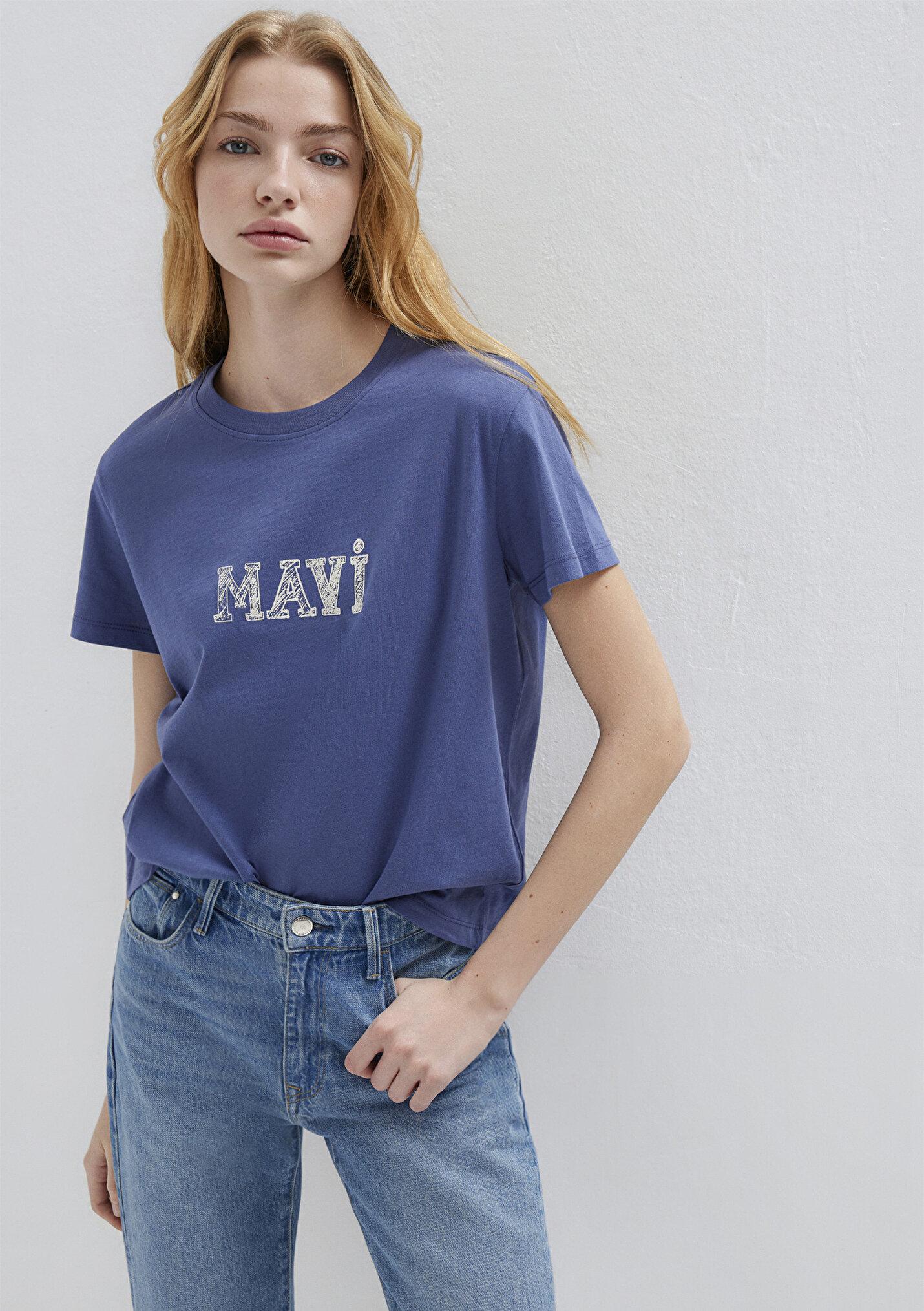Kadın Mavi Baskılı Mavi Tişört