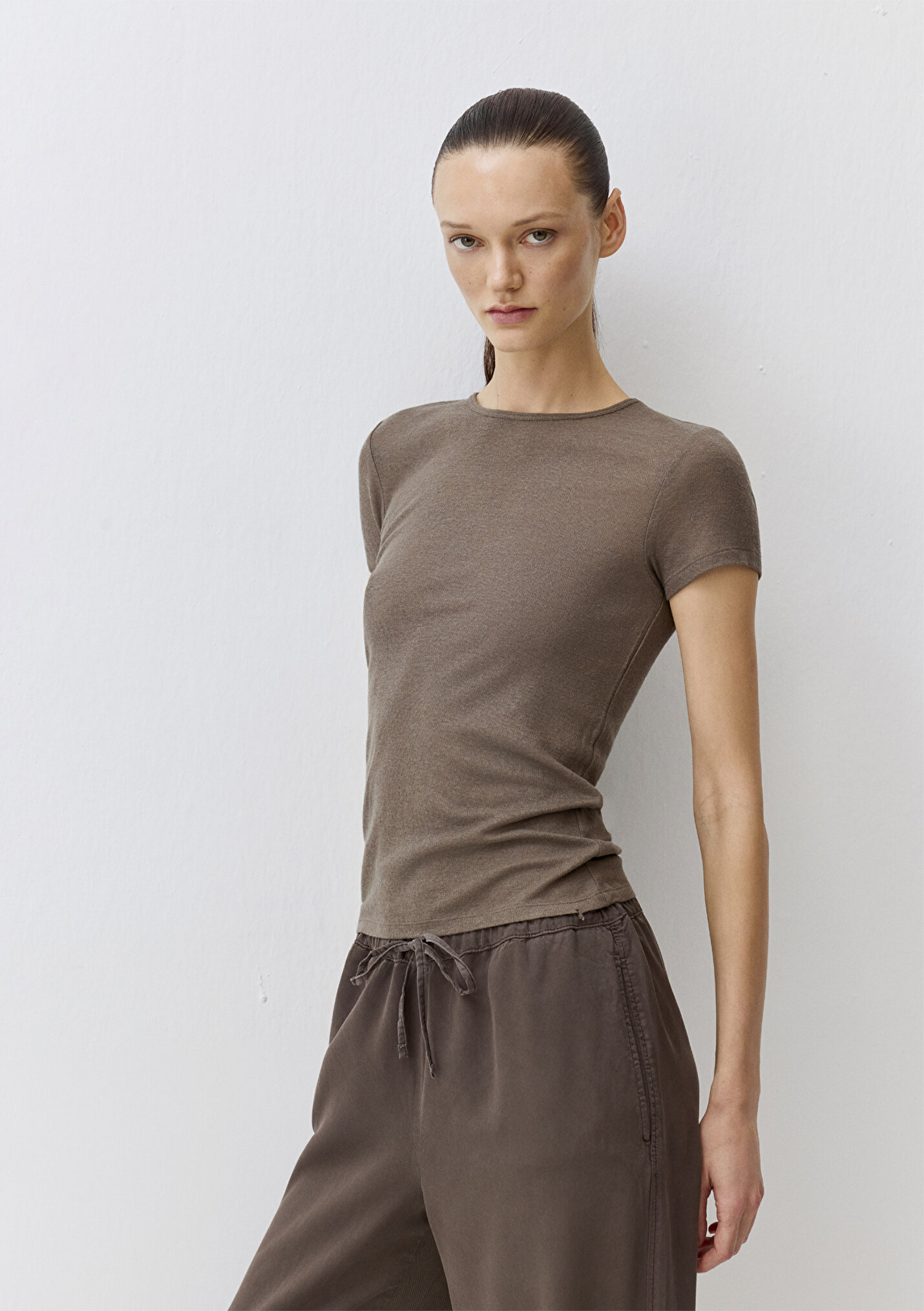 Kadın Yün Karışımlı Kahverengi Basic Tişört