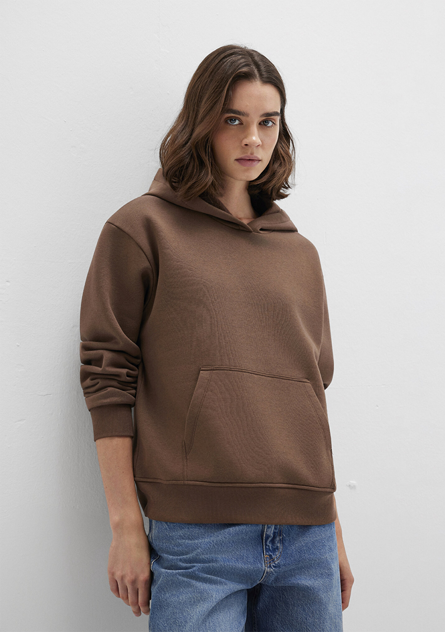Kadın Kapüşonlu Kahverengi Basic Sweatshirt