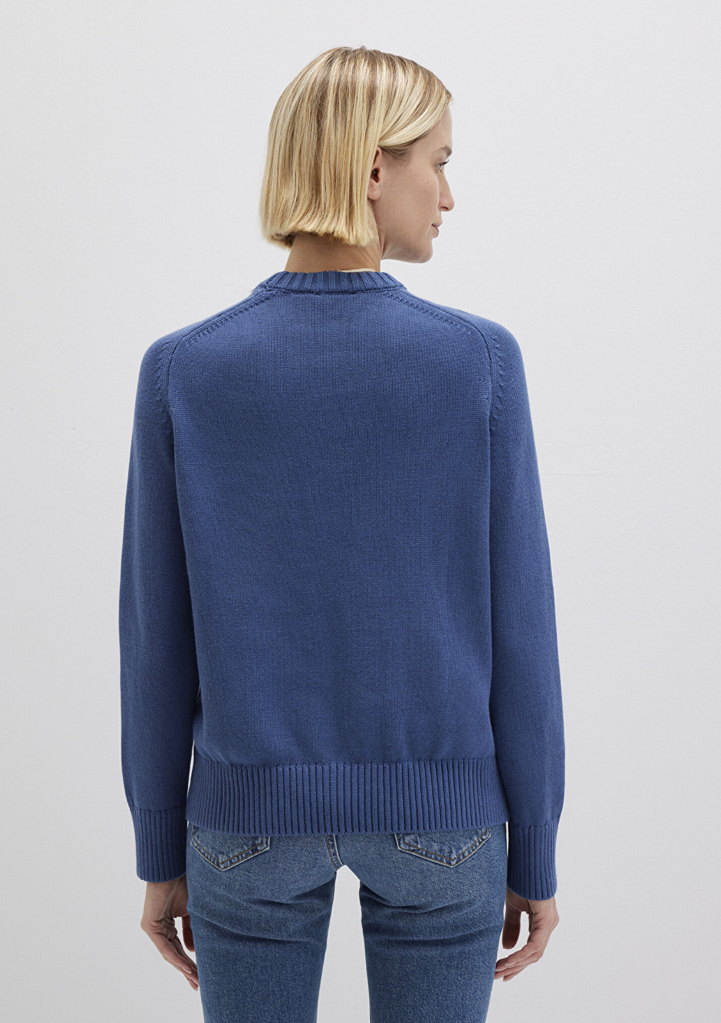 Kadın İpek Karışımlı Bisiklet Yaka Mavi Kazak