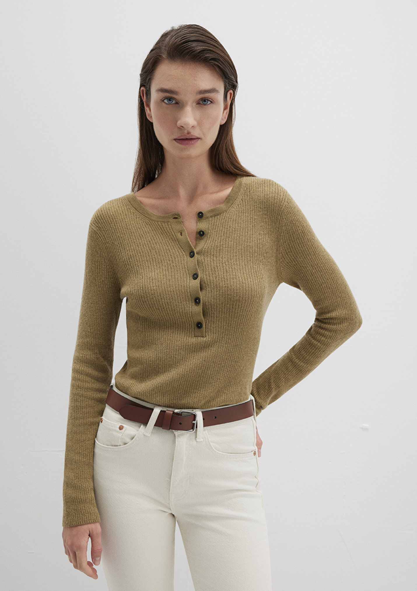 Kadın Yün Karışımlı Düğme Detaylı Yeşil Kazak