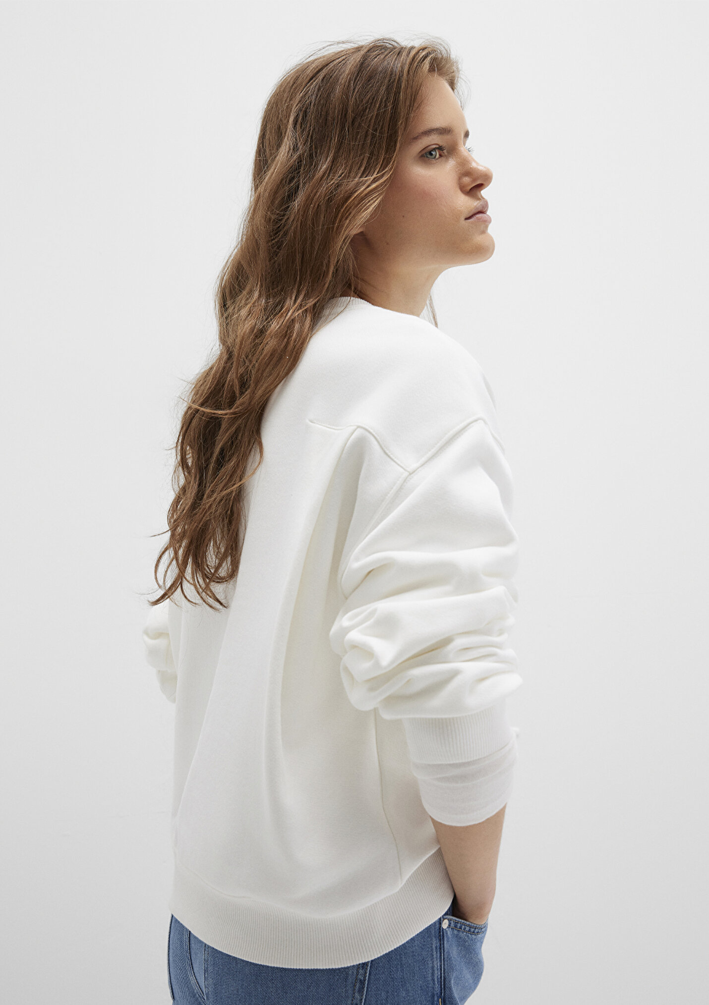 Kadın Bisiklet Yaka Ekru Sweatshirt