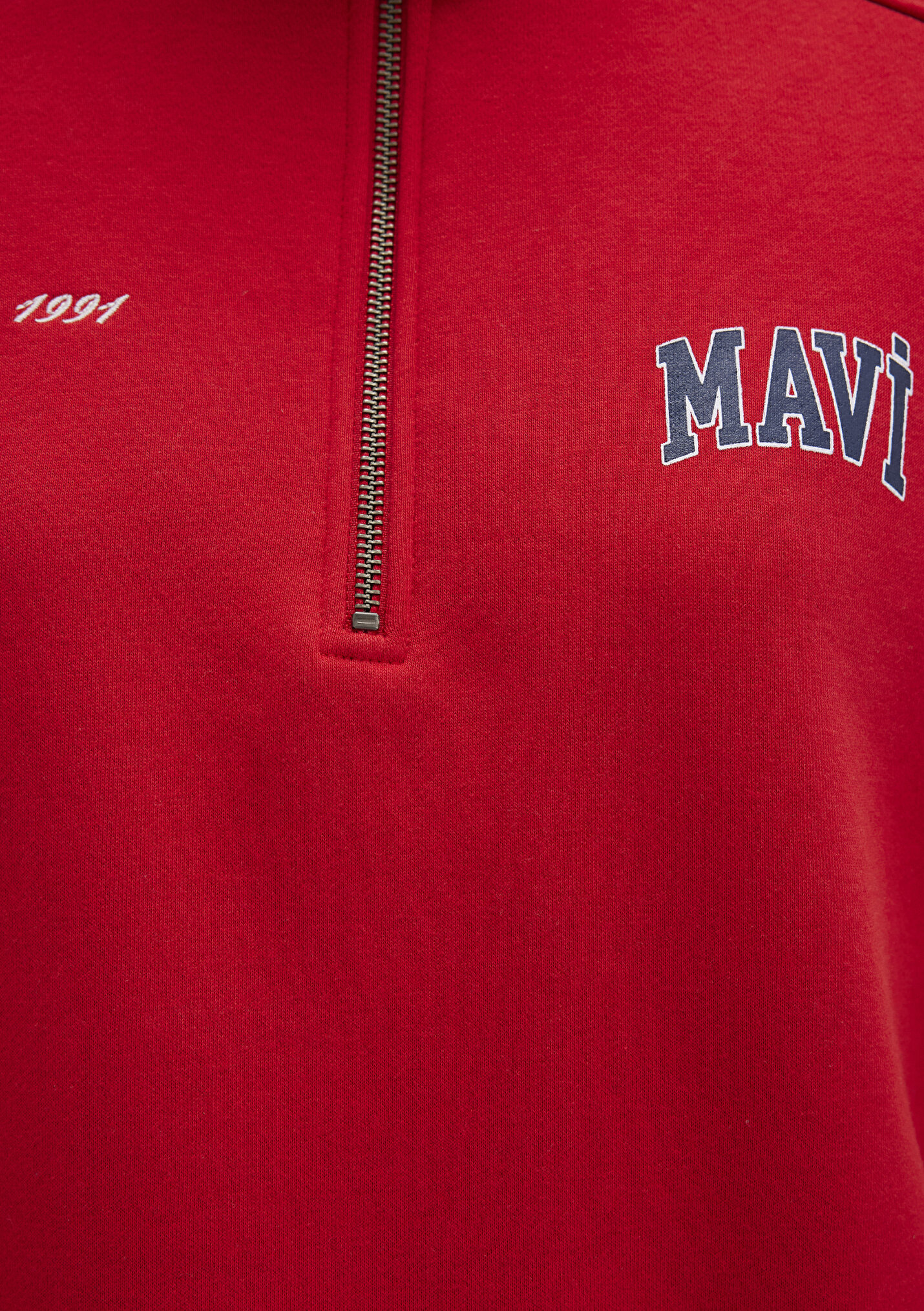 Kadın Mavi Logo Baskılı Yarı Fermuarlı Kırmızı Sweatshirt