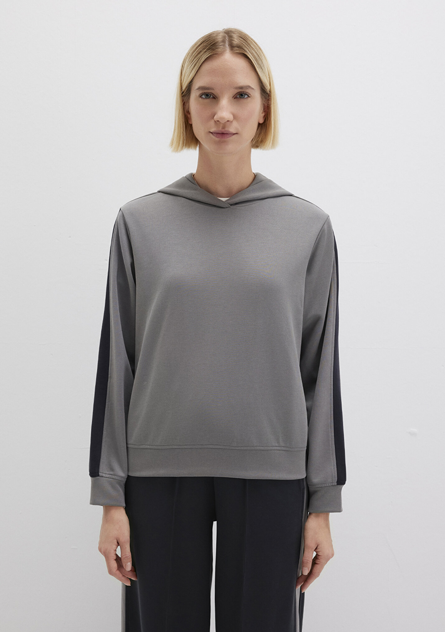 Outlet Kadın Şerit Detaylı Kapüşonlu (TENCEL™) Modal Karışımlı Gri
