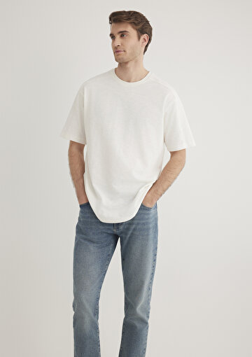 Outlet Erkek Dikiş Detaylı Ekru Basic Tişört