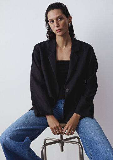 Siyah Keten Blazer