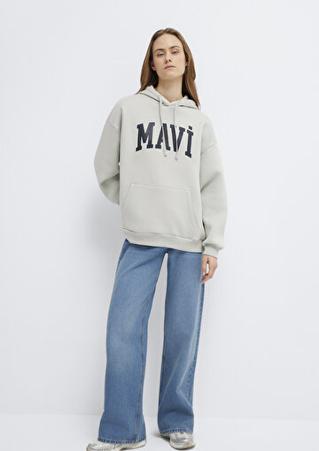 Kadın Mavi Logo Baskılı Kapüşonlu Gri Sweatshirt