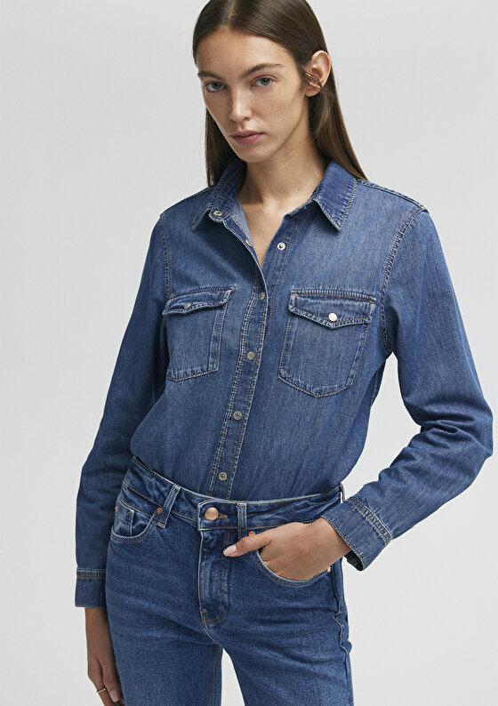 Merida Classic Denim Koyu Mavi Jean Gömlek