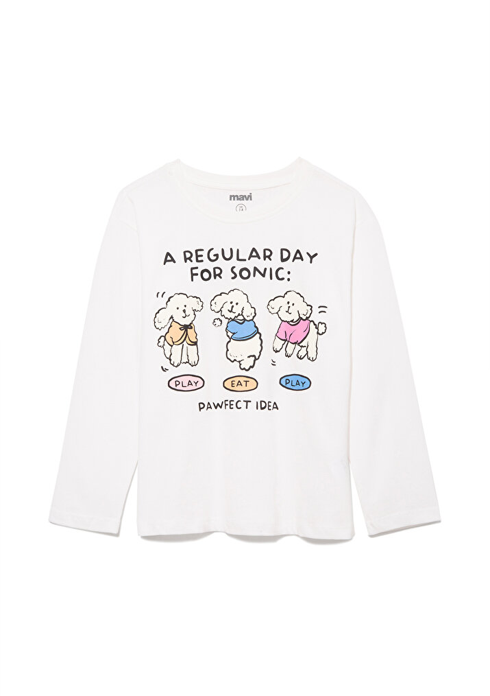 Baskılı Beyaz Tişört Mavi