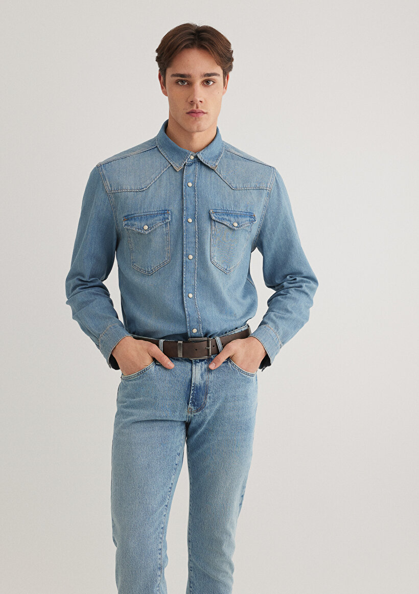 Robert Classic Denim Western Açık Mavi Jean Gömlek - 0