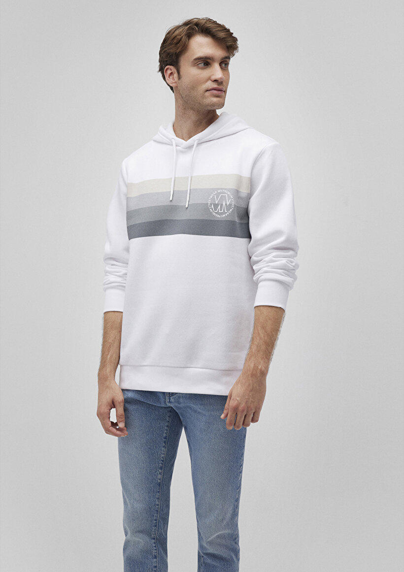 Kapüşonlu Baskılı Beyaz Sweatshirt_1