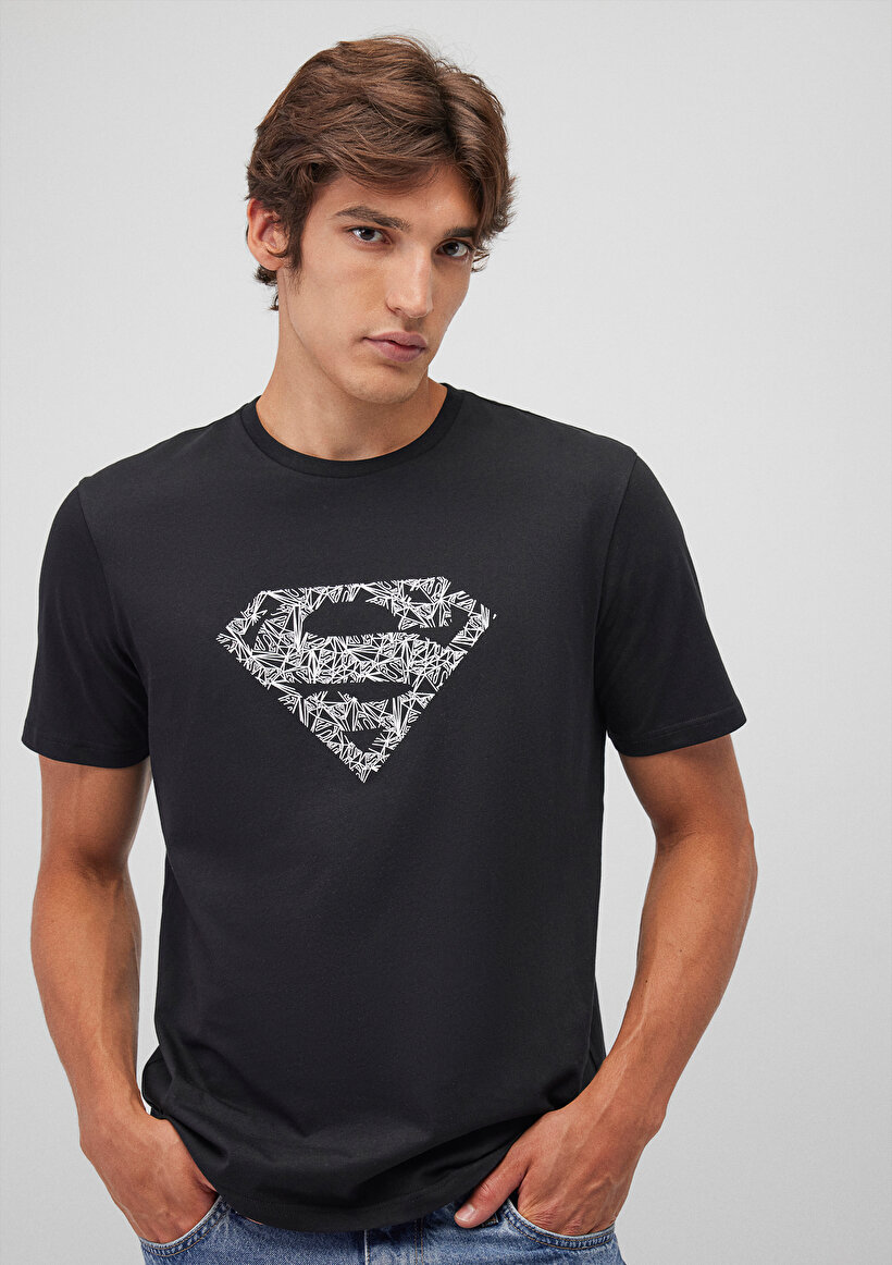 Superman Baskılı Siyah Tişört - 0