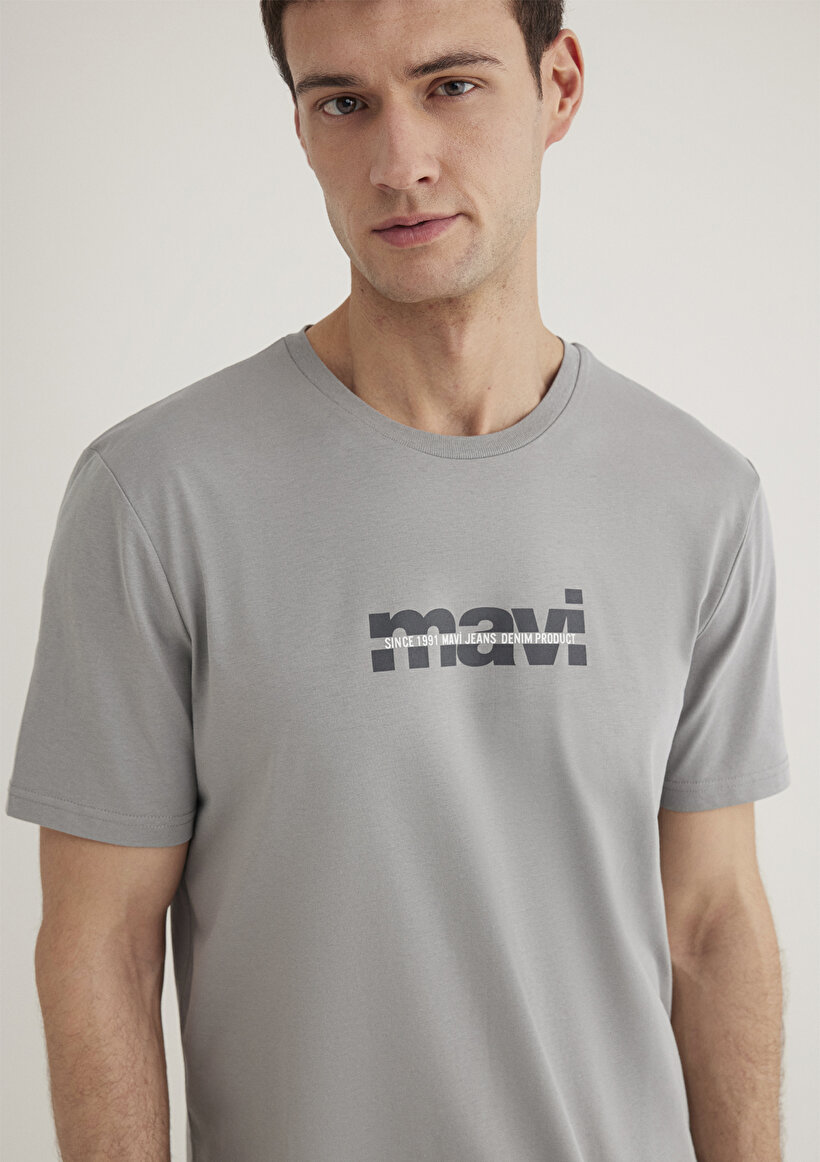 Mavi Logo Baskılı Gri Tişört - 0