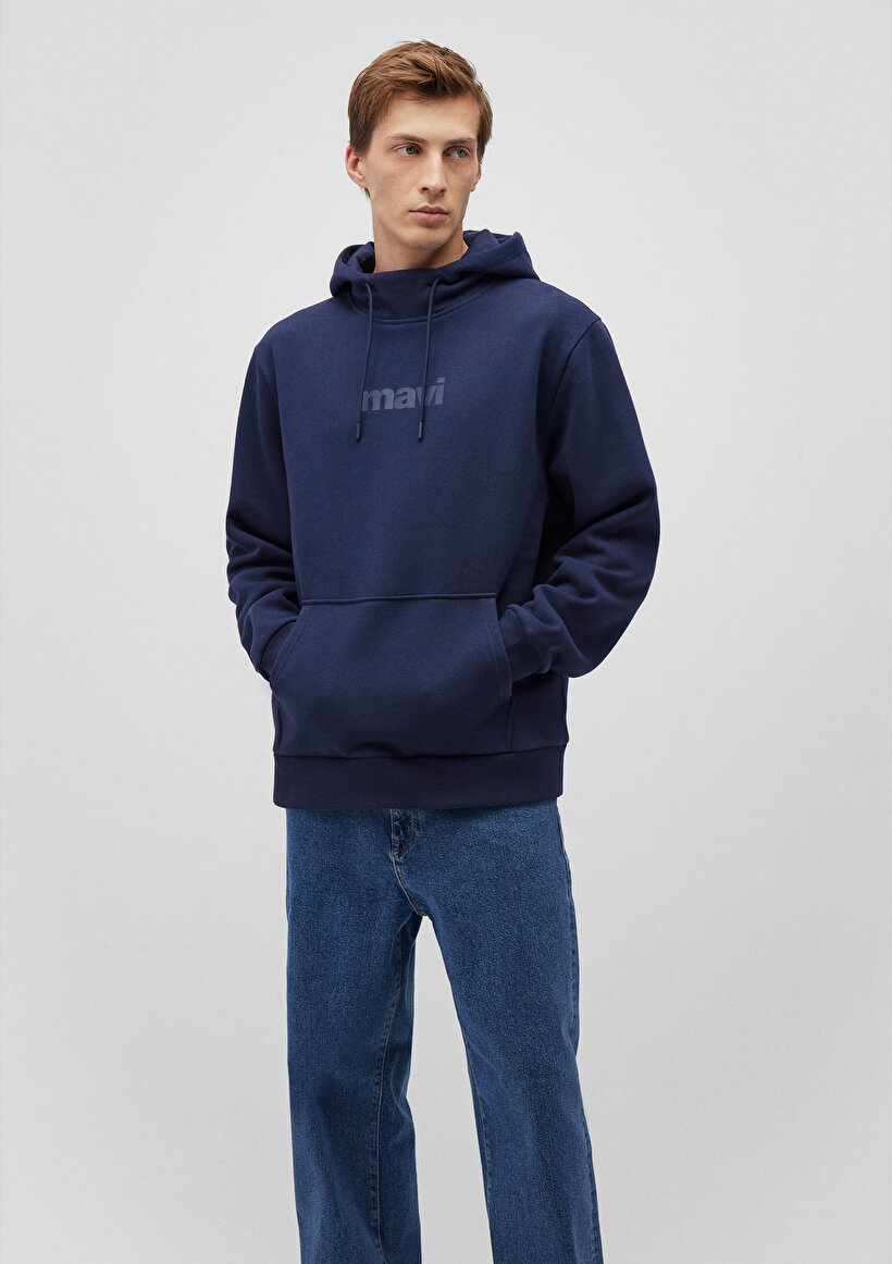 Mavi Logo Baskılı Kapüşonlu Lacivert Sweatshirt - 0