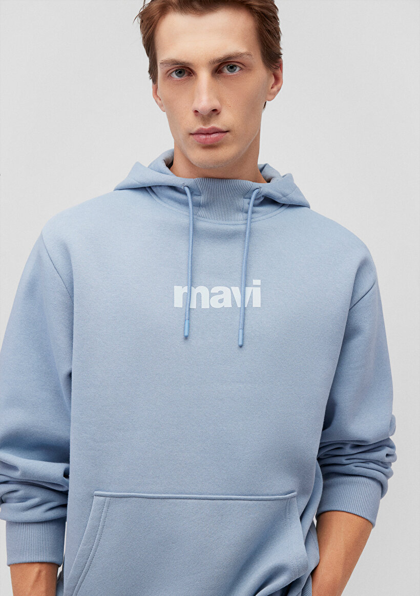 Mavi Logo Baskılı Kapüşonlu Mavi Sweatshirt - 0