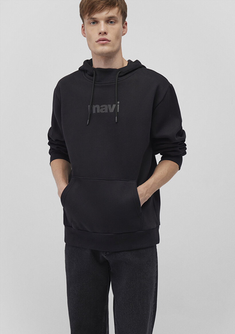 Mavi Baskılı Kapüşonlu Siyah Sweatshirt - 0