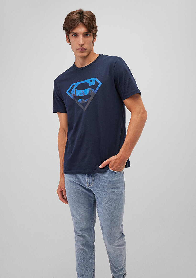 Superman Baskılı Lacivert Tişört - 0