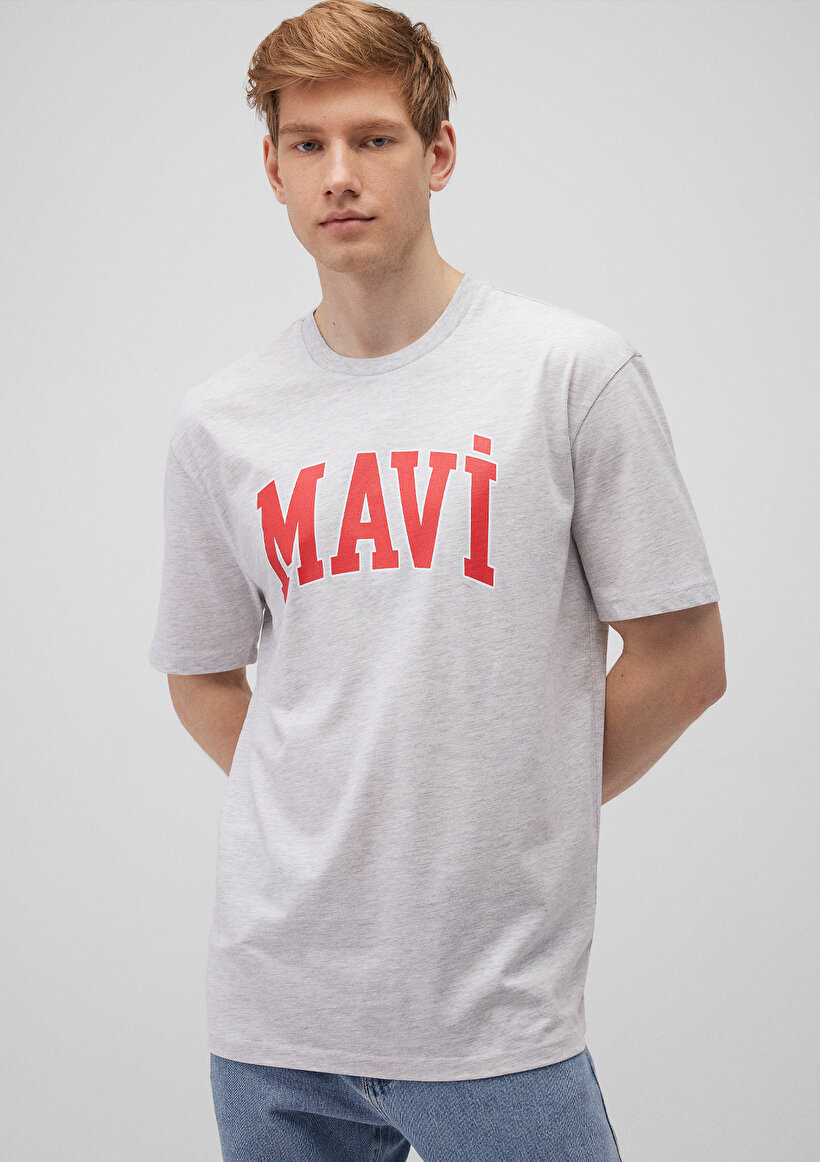 Mavi Logo Baskılı Gri Tişört