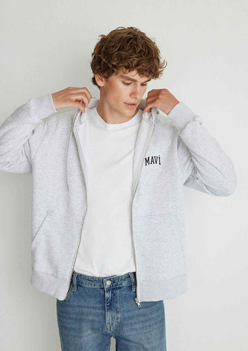 Mavi Logo Baskılı Fermuarlı Gri Sweatshirt