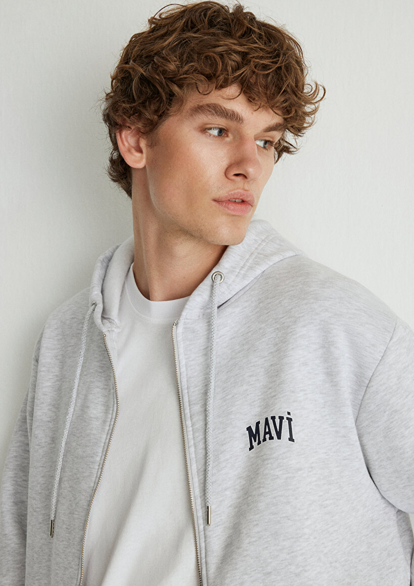 Mavi Logo Baskılı Fermuarlı Gri Sweatshirt_4